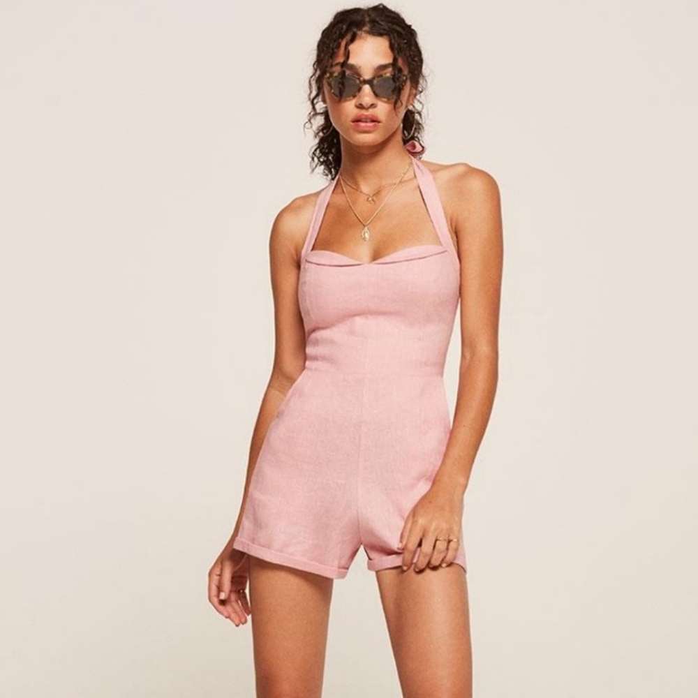 Reformation Linen Halter Bettie Romper 8 Pink